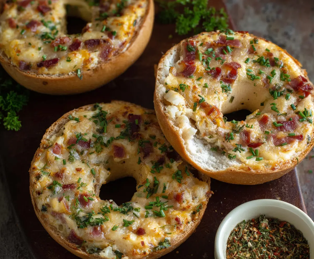 Delicious savory quiche stuffed bagels with a golden crust and creamy filling, perfect for breakfast or brunch.