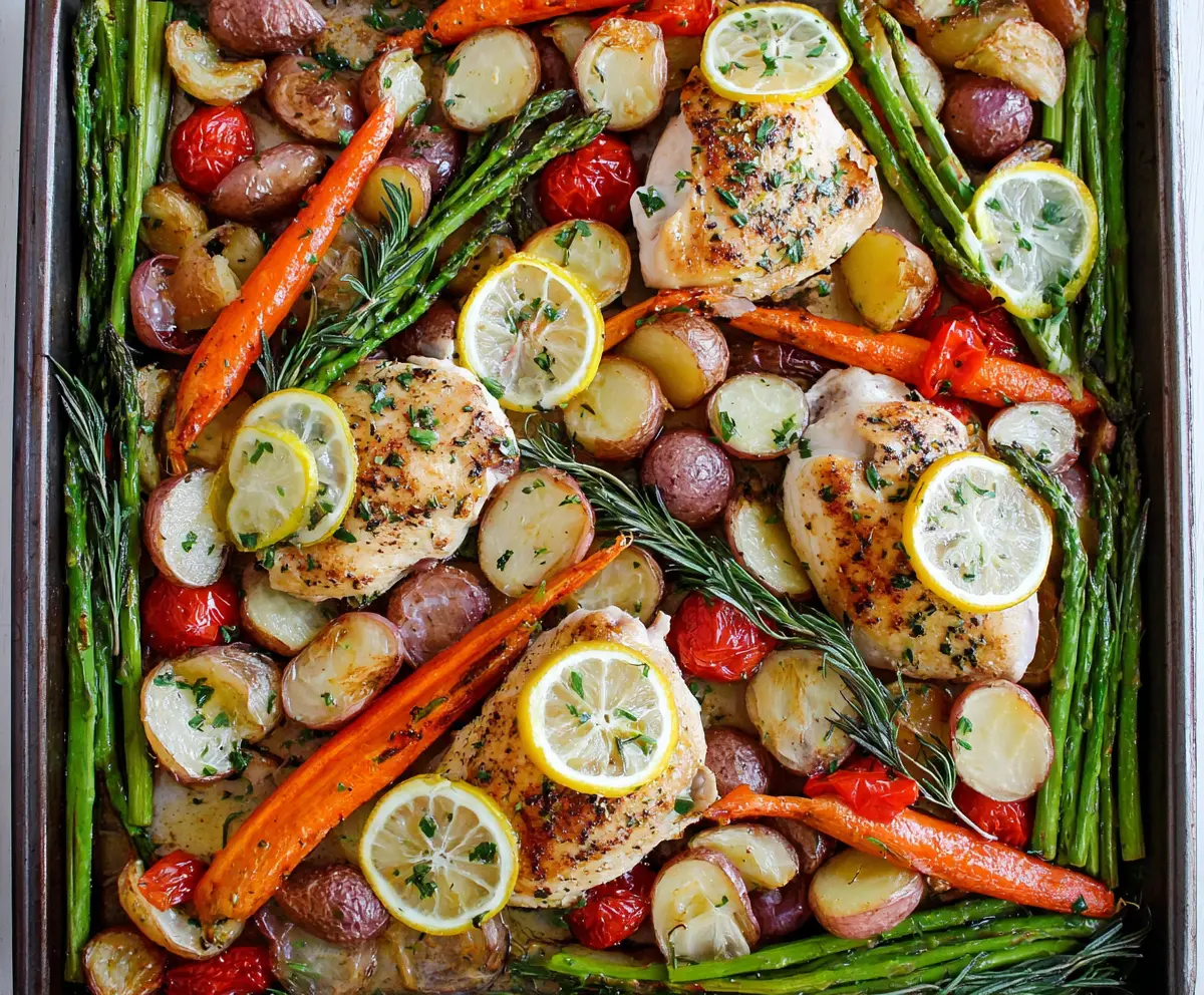 Delicious sheet pan lemon herb chicken with colorful vegetables ready to serve