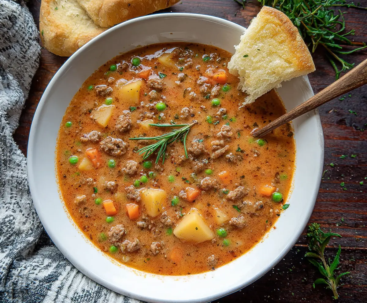 Hearty Shepherd's Pie Soup with mashed potatoes, ground beef, and vegetables in a bowl.