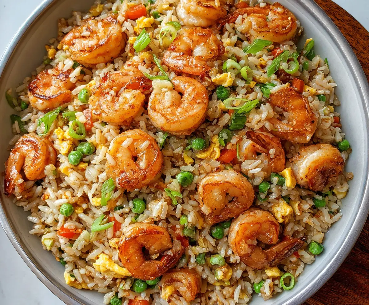 Delicious shrimp fried rice with vibrant vegetables and fluffy rice on a plate.