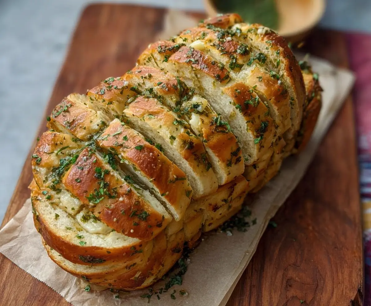 Delicious sourdough discard garlic pull apart bread on a rustic wooden board