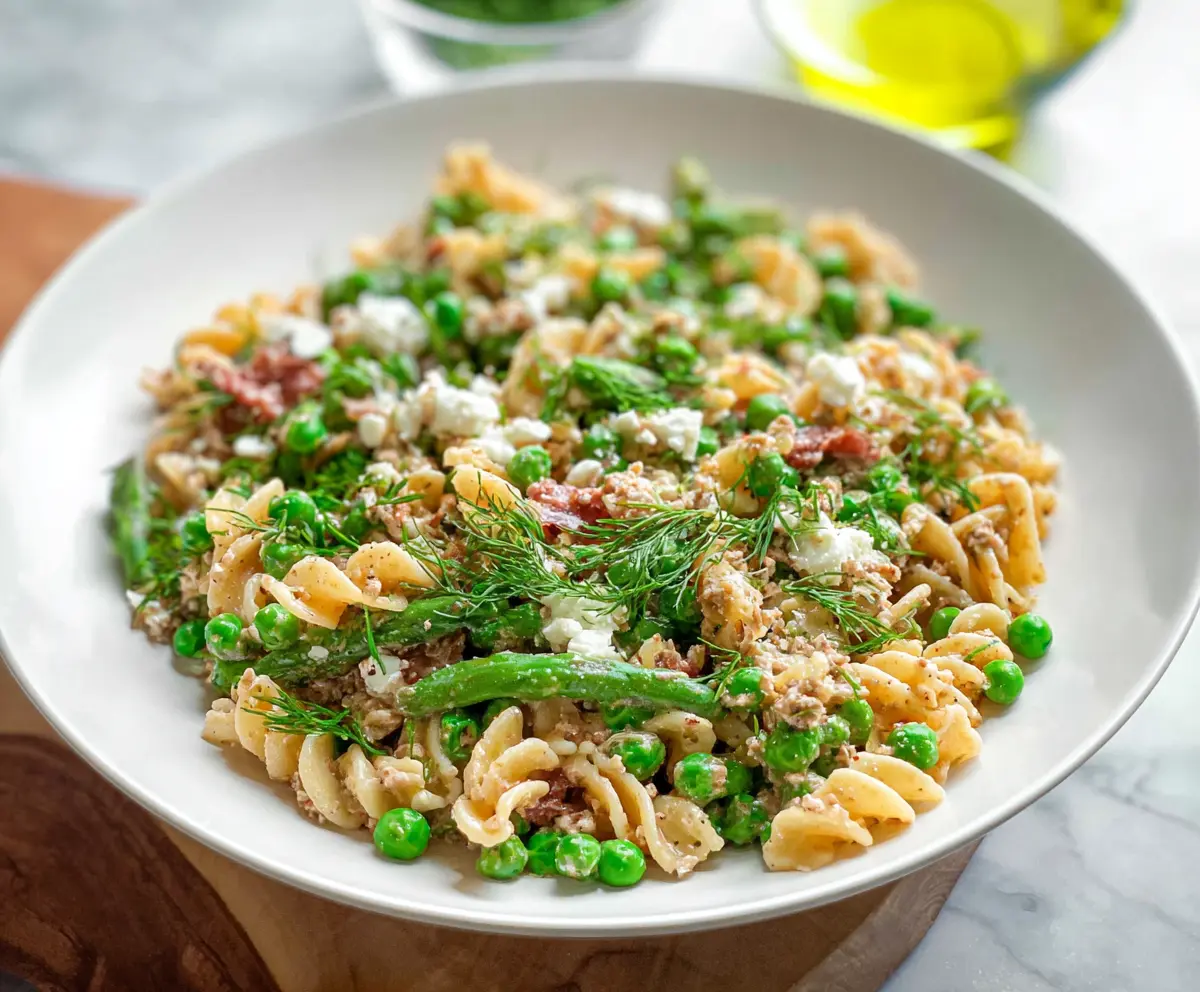 Spring Pasta Salad with Protein featuring fresh vegetables, pasta, and lean protein for a healthy meal.