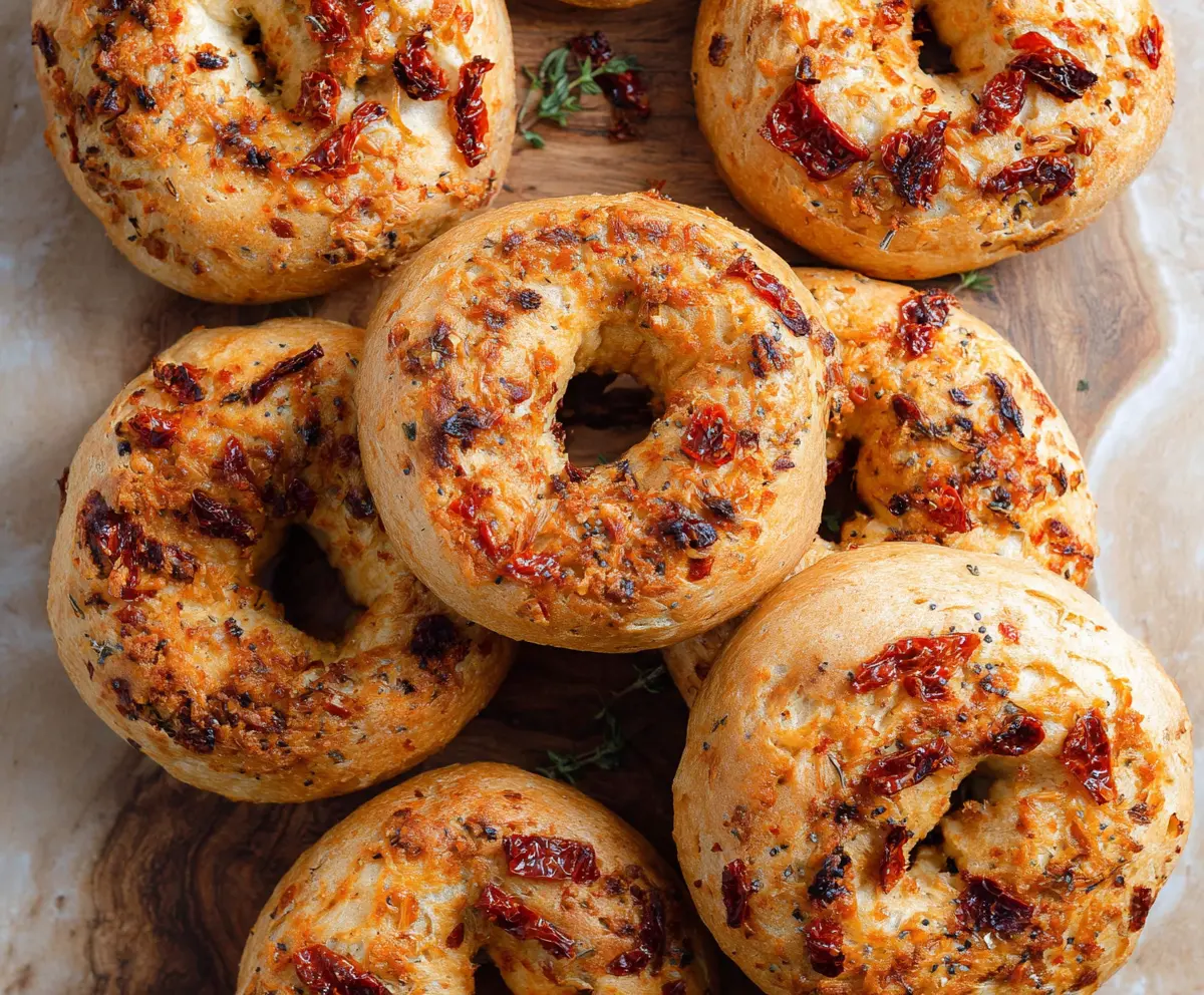Delicious homemade Sun-Dried Tomato Sourdough Bagels on a wooden board