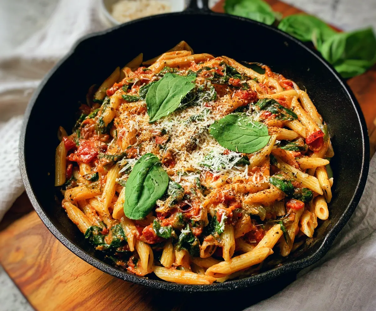 Delicious tomato spinach pasta served in a white bowl, topped with fresh basil leaves.