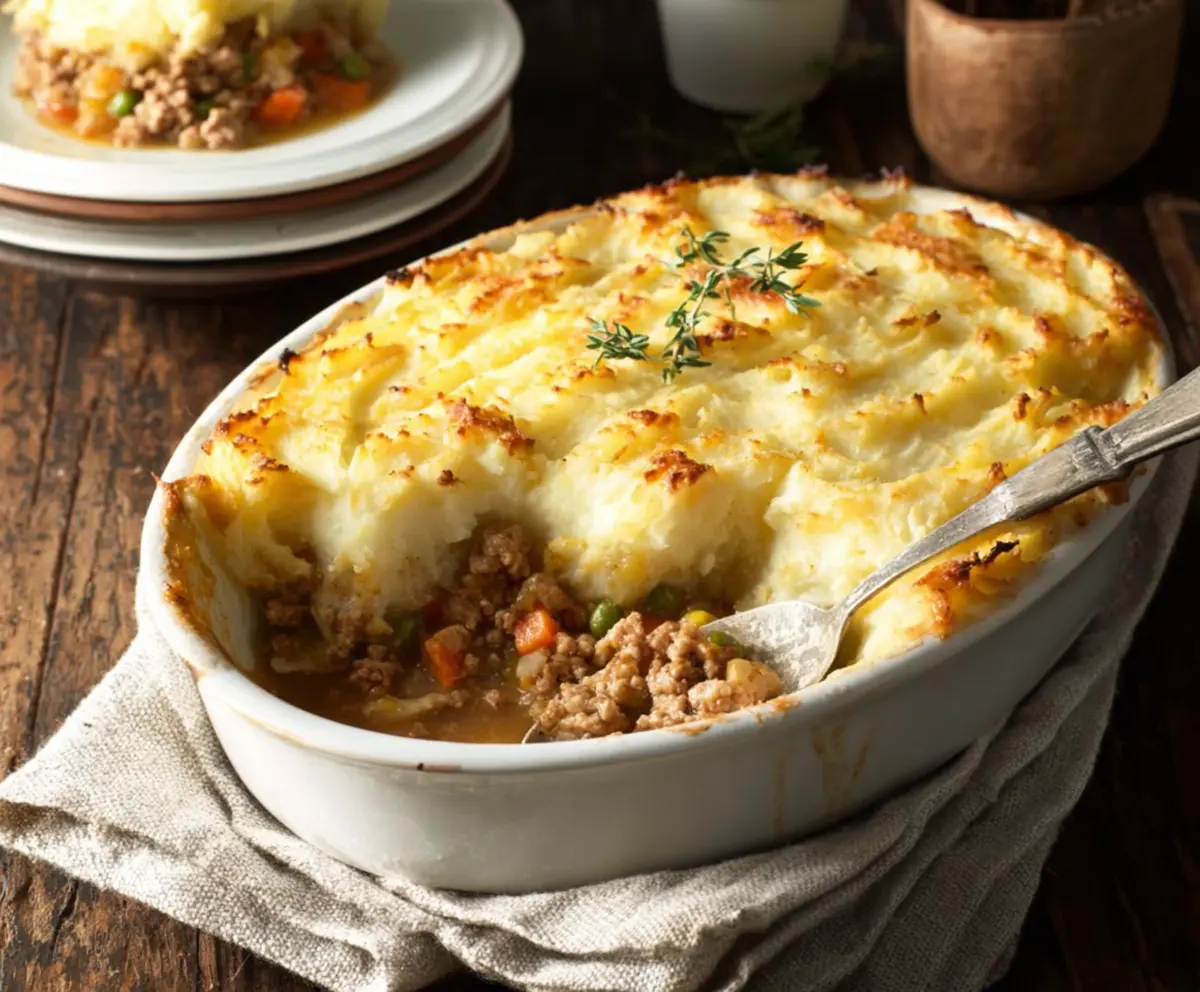 Delicious homemade Turkey Shepherd's Pie with mashed potatoes and savory turkey filling