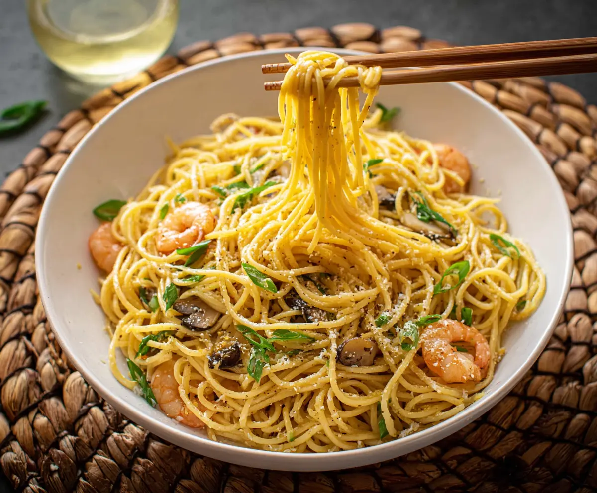 Delicious Vietnamese garlic noodles garnished with fresh herbs and lime, showcasing a flavorful Asian-inspired dish.