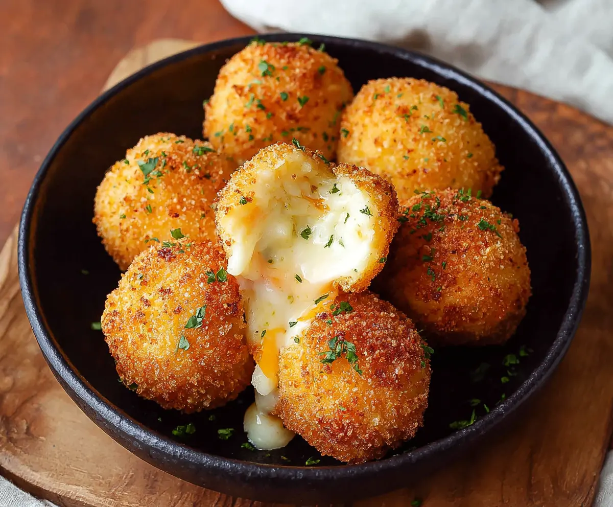Golden crispy Air Fryer Cheesy Mashed Potato Balls served on a plate with fresh herbs.
