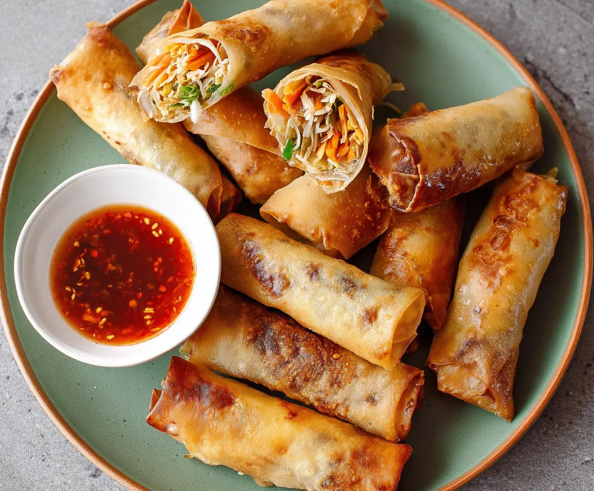 Crispy Air Fryer Spring Rolls filled with fresh vegetables and herbs, served on a white plate.