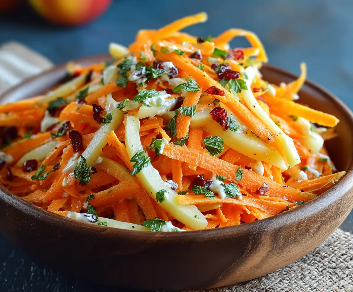 Fresh apple and carrot salad topped with creamy citrus dressing, vibrant and healthy appetizer.