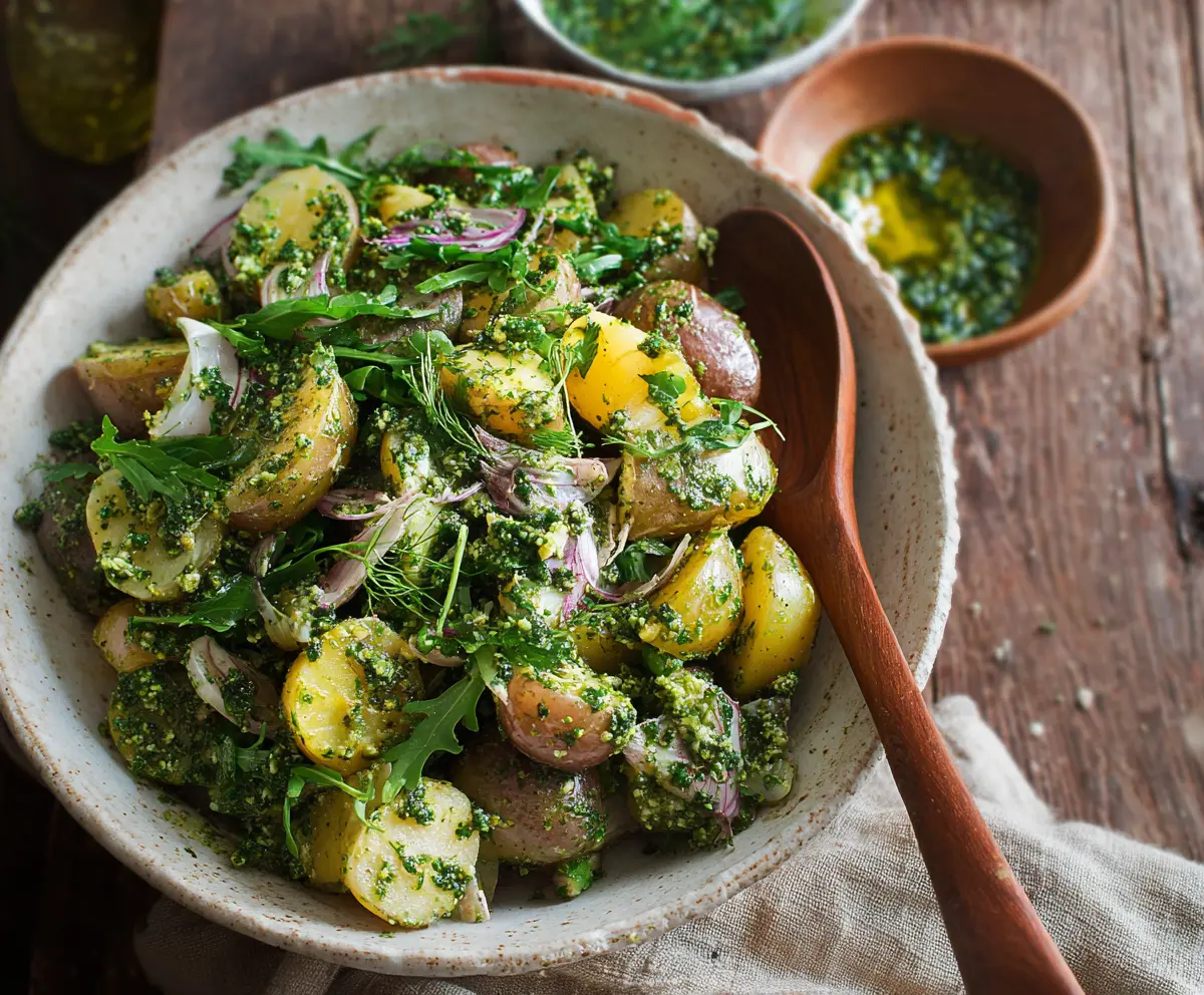 Fresh arugula pesto potato salad with vibrant green herbs and creamy dressing.