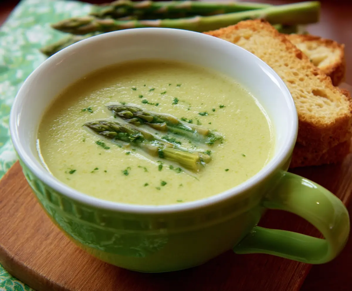 Creamy asparagus and leek soup in a bowl, garnished with fresh herbs, perfect for a healthy meal.