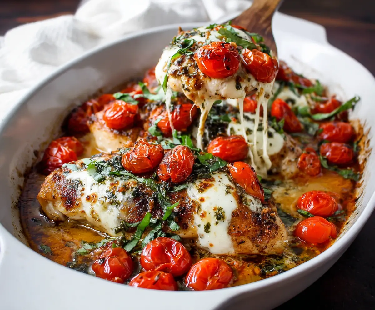 Delicious baked Caprese chicken topped with fresh basil, mozzarella, and ripe tomatoes on a baking dish.