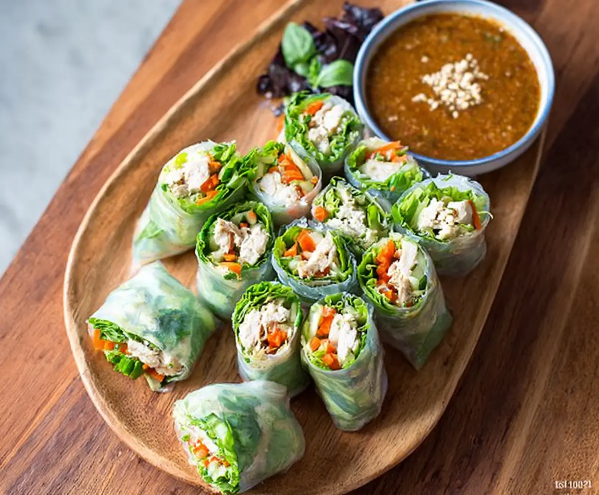 Delicious Bang Bang Chicken Rice Paper Rolls with fresh vegetables and spicy dipping sauce.