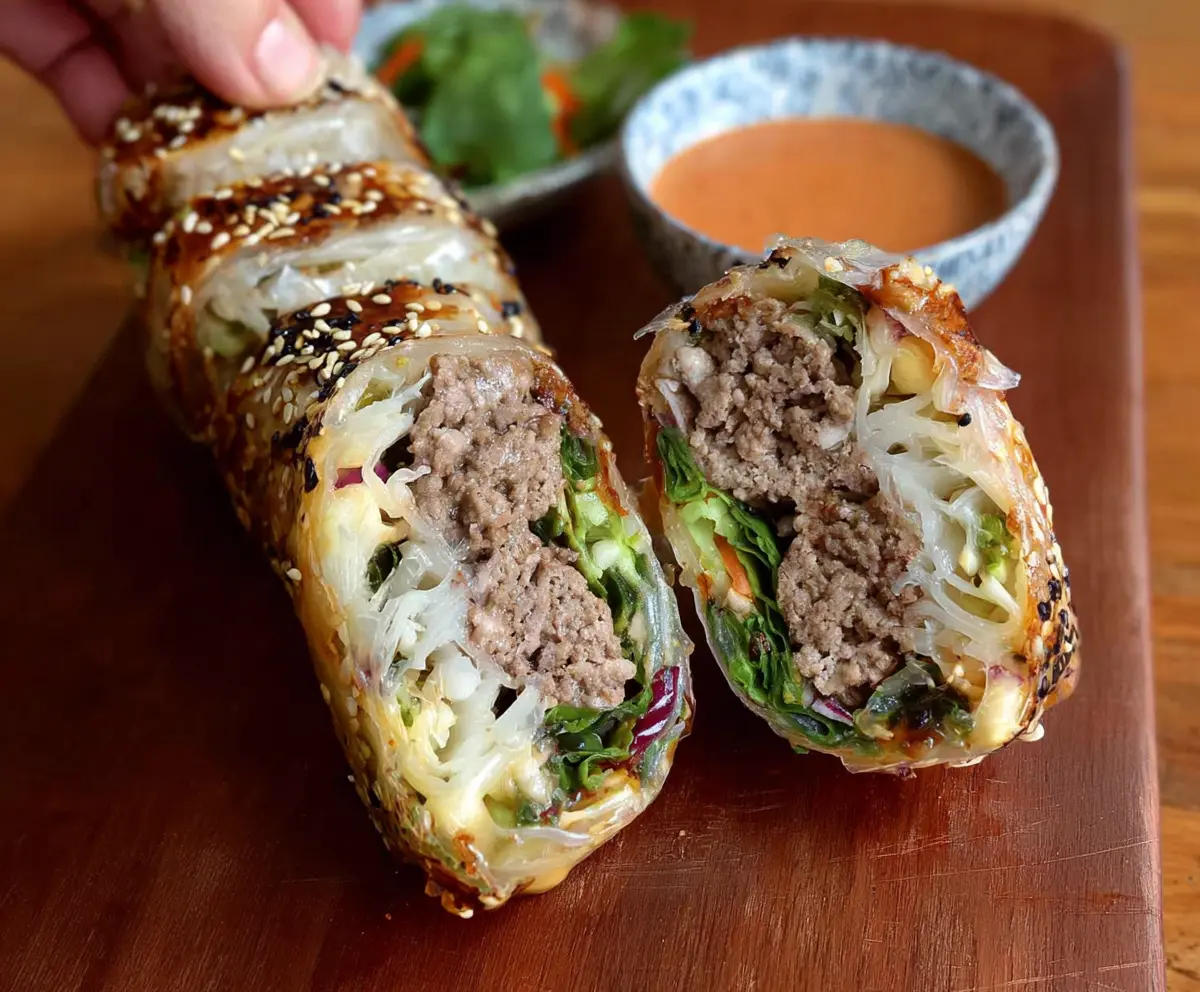 Delicious Big Mac rice paper rolls with lettuce, cheese, and beef for a tasty fusion snack.