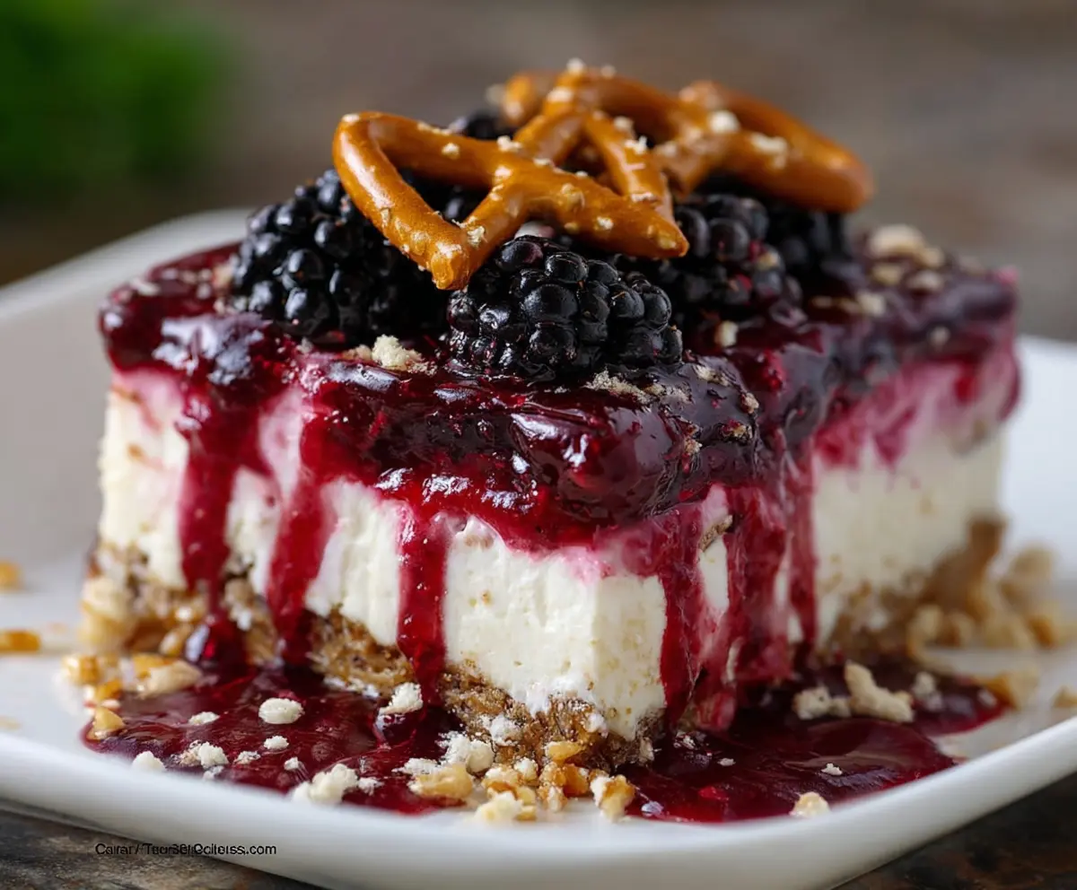 Delicious Blackberry Pretzel Dessert with fresh blackberries and crunchy pretzel crust.