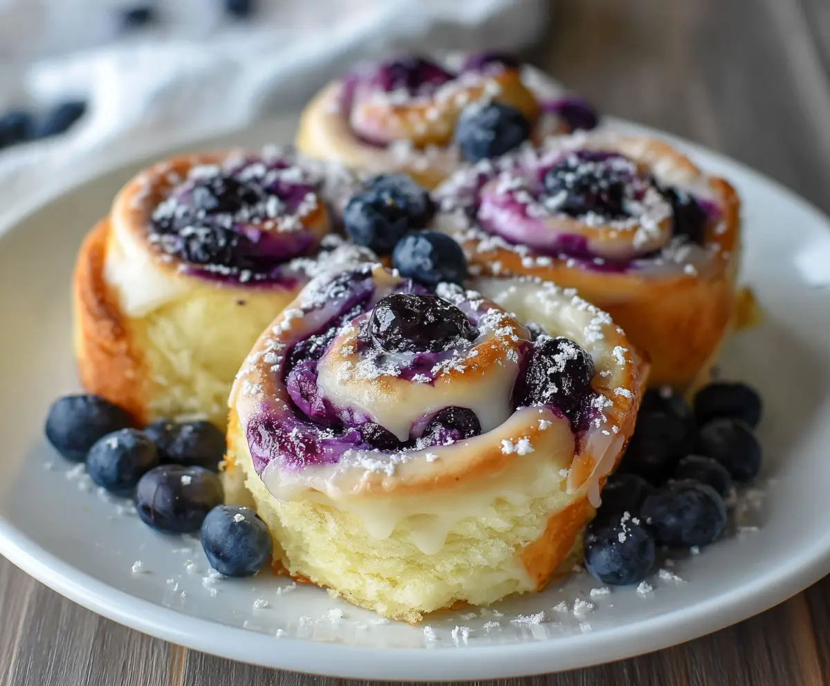 Delicious blueberry cheesecake rolls with creamy filling and fresh blueberries on top.