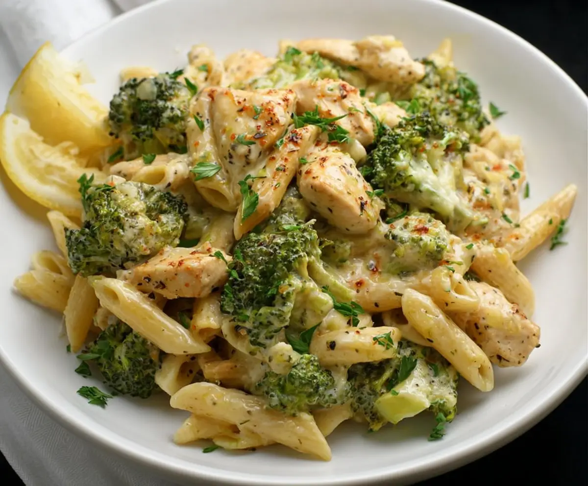 Delicious broccoli and chicken penne pasta served on a white plate, garnished with herbs.