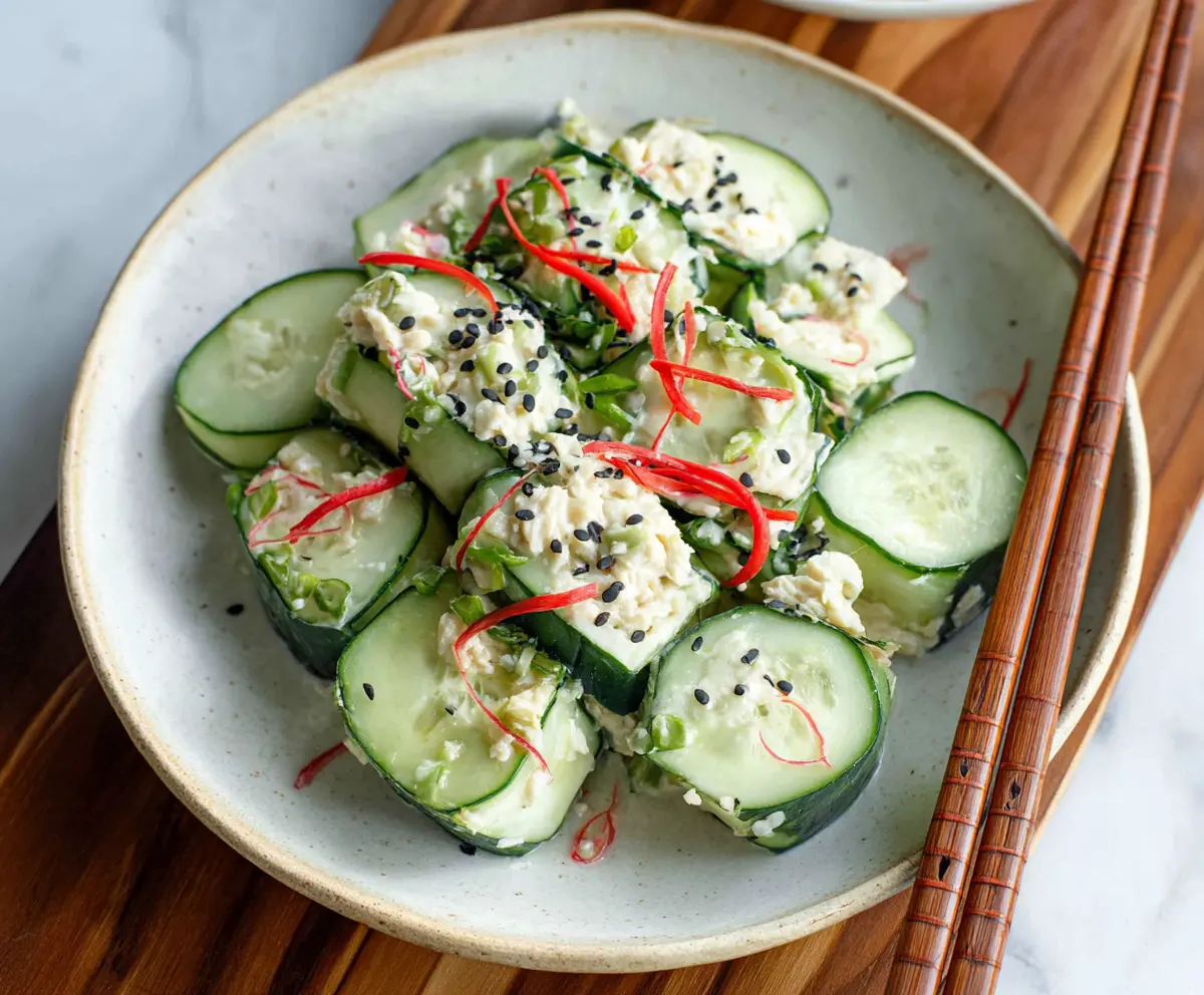 Refreshing California Roll cucumber salad with fresh ingredients and vibrant presentation.