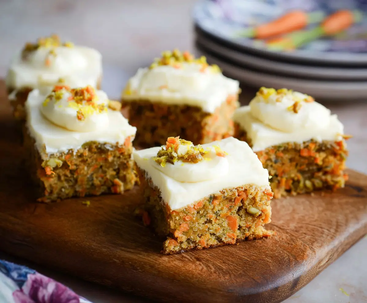 Delicious carrot and zucchini bars topped with citrus cream cheese frosting, perfect for a healthy dessert.