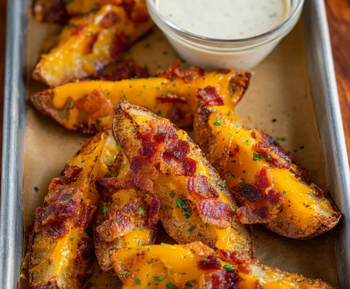 Crispy cheddar bacon potato wedges served on a platter, perfect for snacking or side dishes.