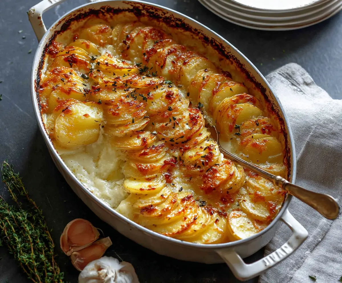 Delicious Cheesy Garlic Butter Potato Bake with golden crust and melted cheese.