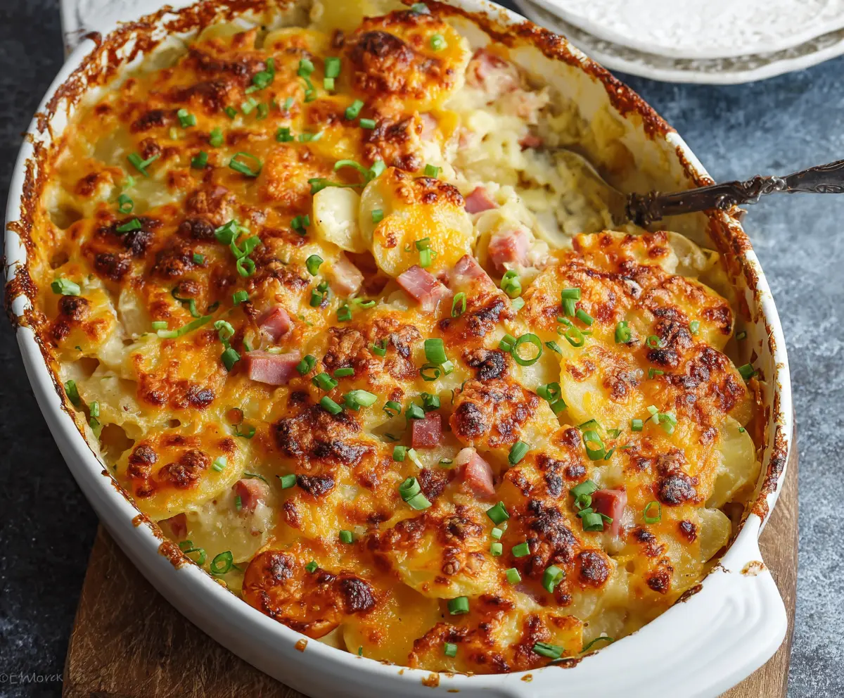 Delicious cheesy ham and potato casserole in a baking dish with melted cheese topping