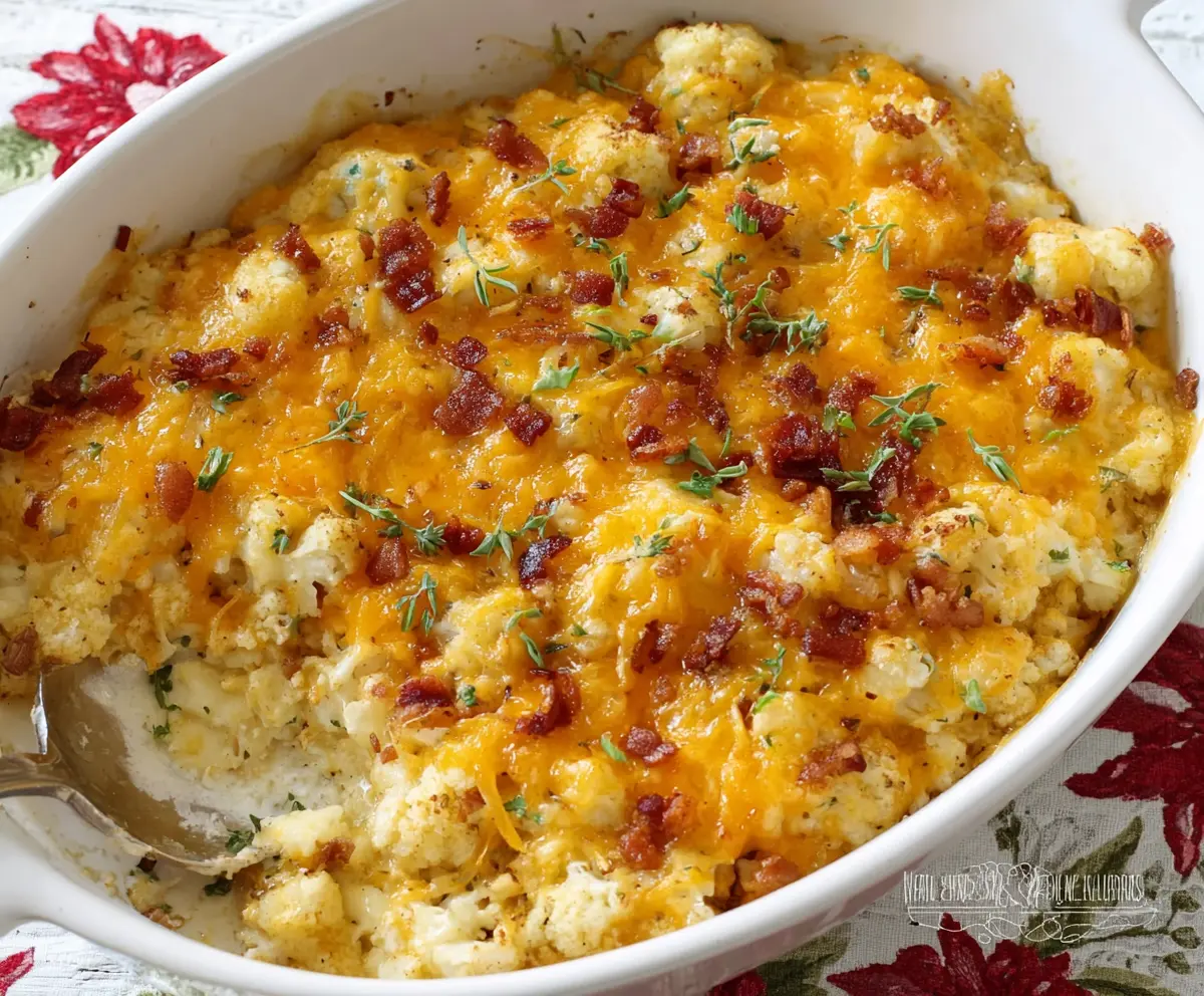 Delicious Cheesy Loaded Cauliflower Casserole with melted cheese and crispy toppings