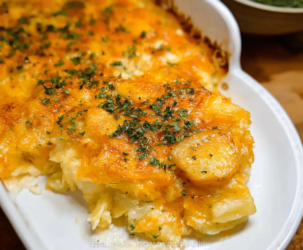Delicious cheesy potato casserole topped with melted cheese and herbs, perfect for family dinners.