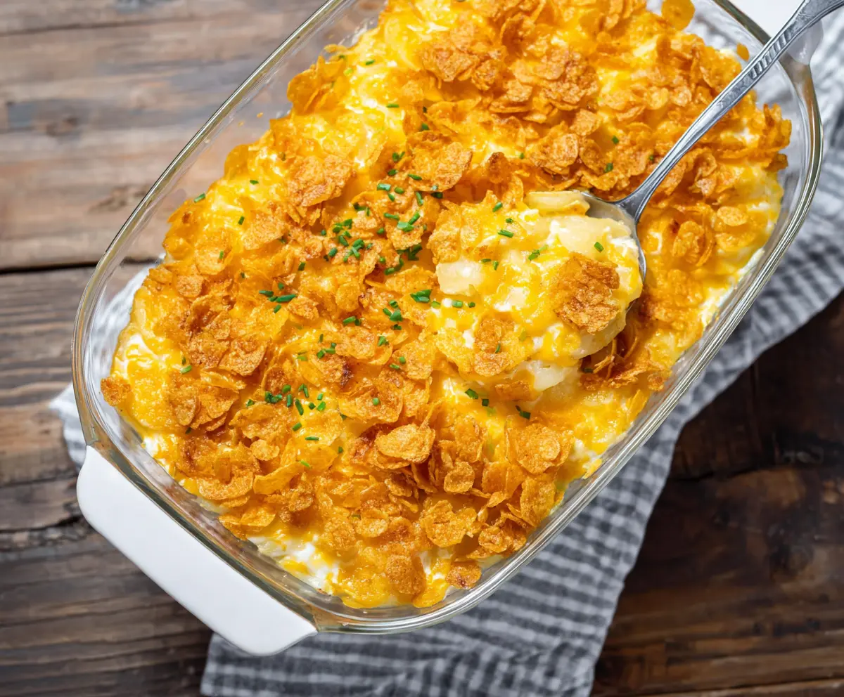Delicious cheesy potatoes topped with crispy corn flakes in a baking dish