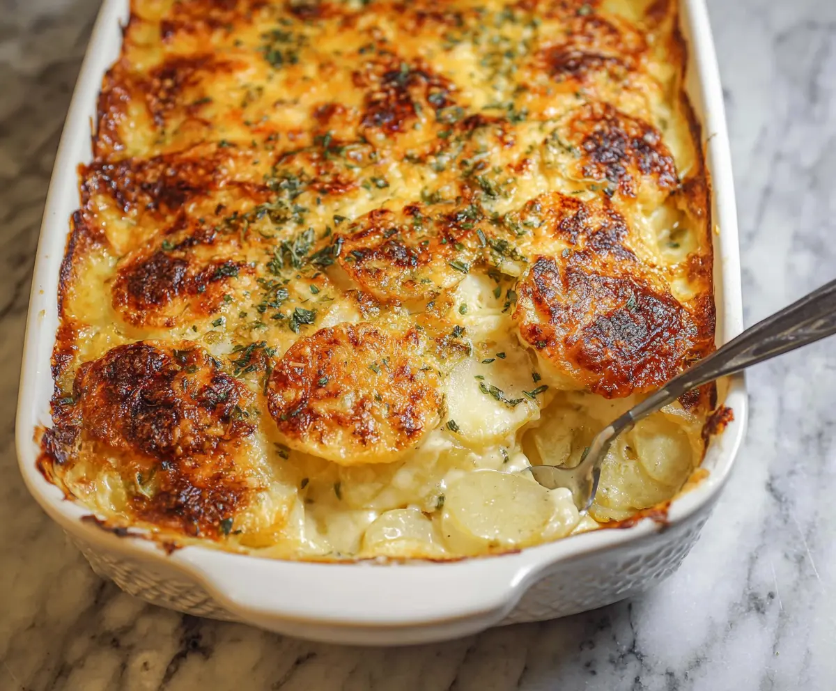 Bowl of creamy cheesy scalloped potatoes bake topped with melted cheese