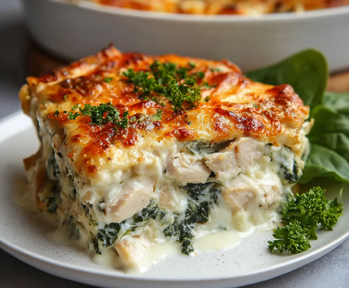 Delicious chicken and spinach casserole topped with melted cream cheese for a hearty meal.