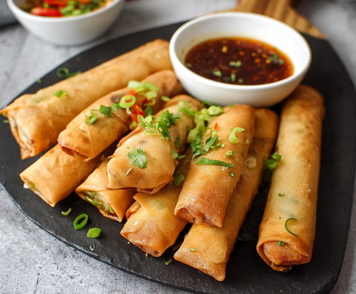 Crispy Chinese Spring Rolls filled with vegetables and served with dipping sauce