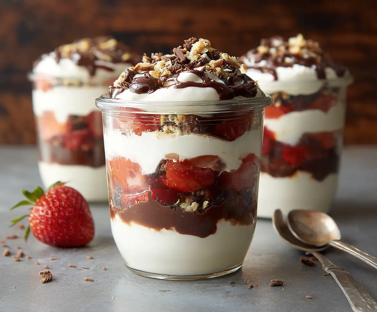 Delicious chocolate and strawberry cake parfaits layered in a clear glass dessert cup