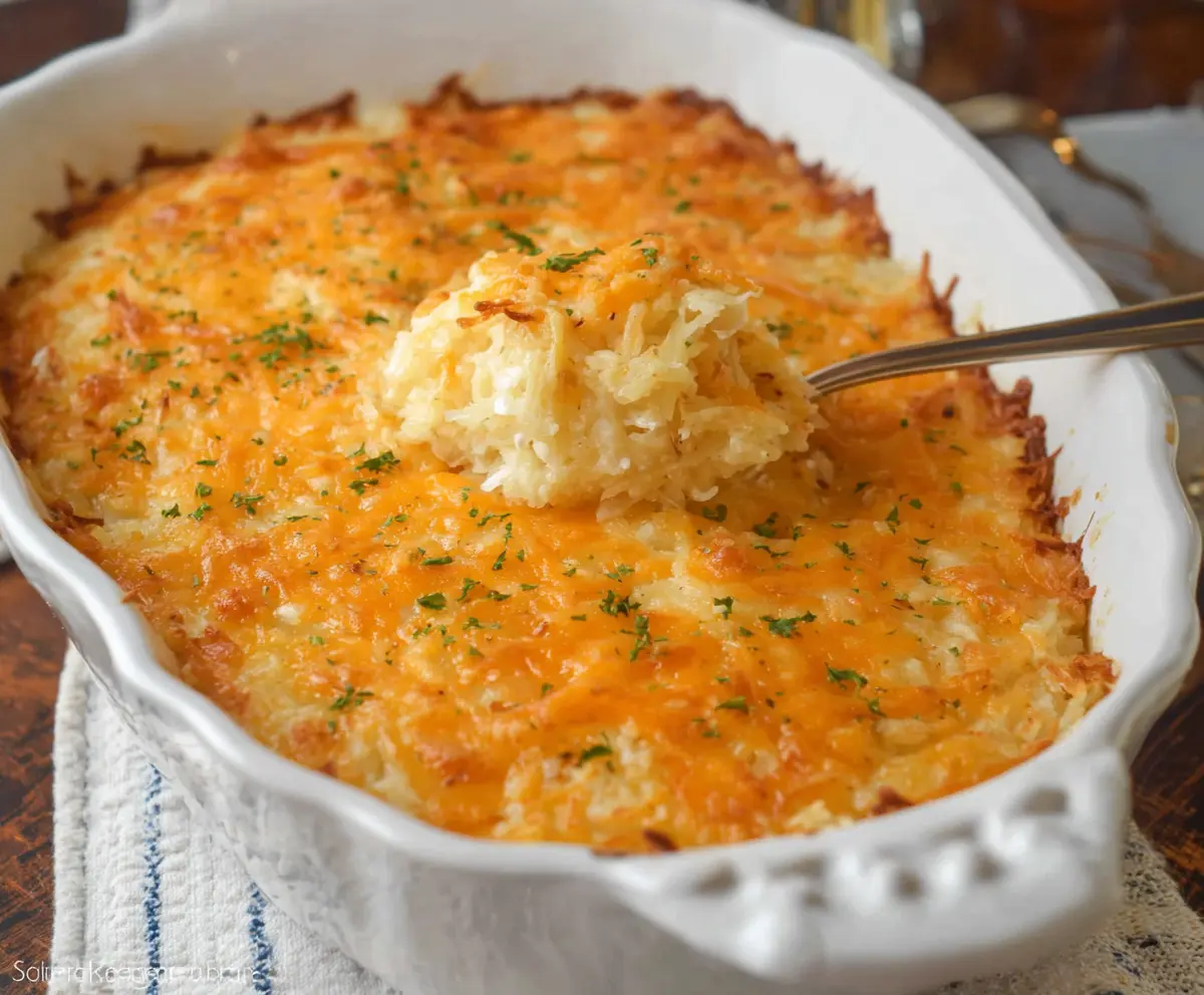 Delicious Cracker Barrel Hashbrown Casserole with crispy golden topping served on a plate.