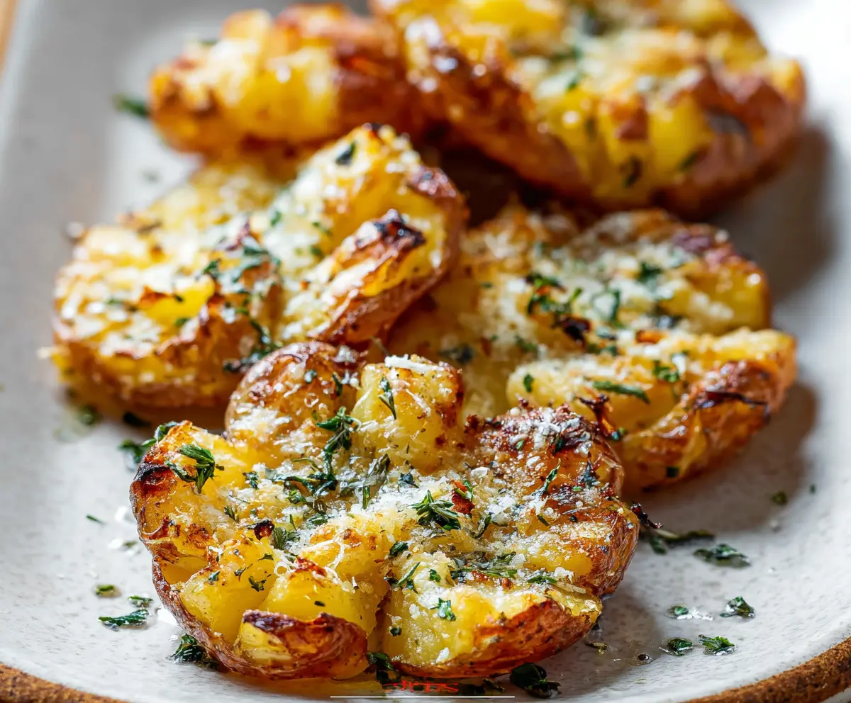 Crispy garlic butter parmesan smashed potatoes on a serving plate, garnished with fresh herbs for a flavorful appetizer or side dish.
