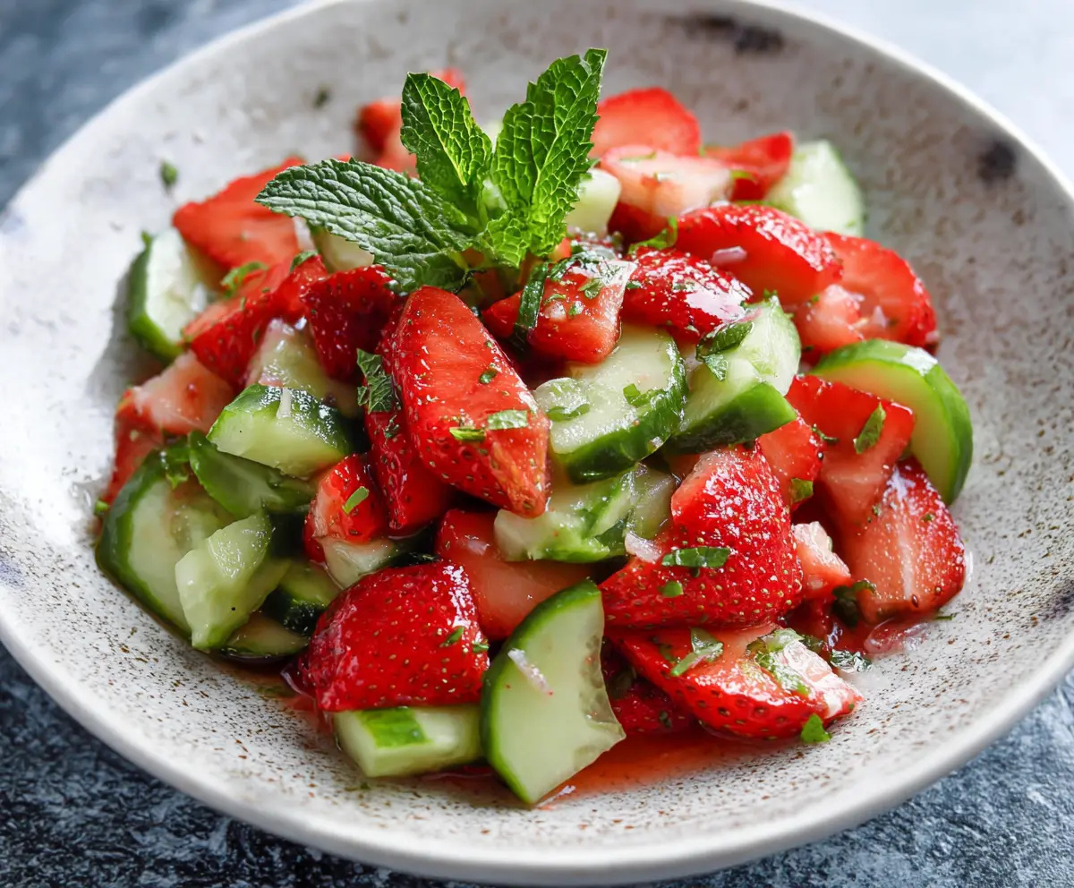 Fresh cucumber and strawberry salad in a glass bowl, vibrant and healthy summer appetizer