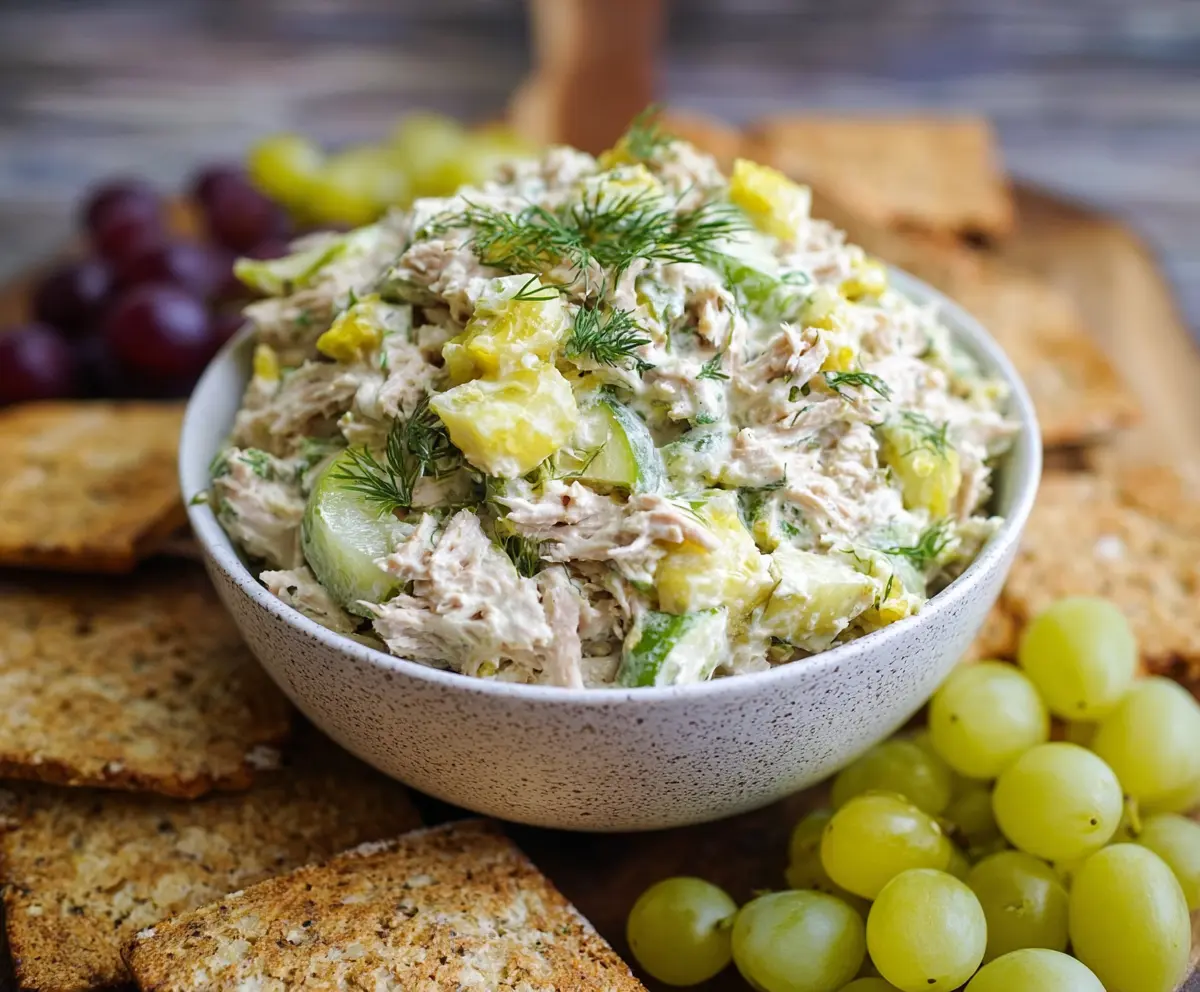 Refreshing Dill Pickle Tuna Salad with fresh dill and crunchy pickles in a bowl