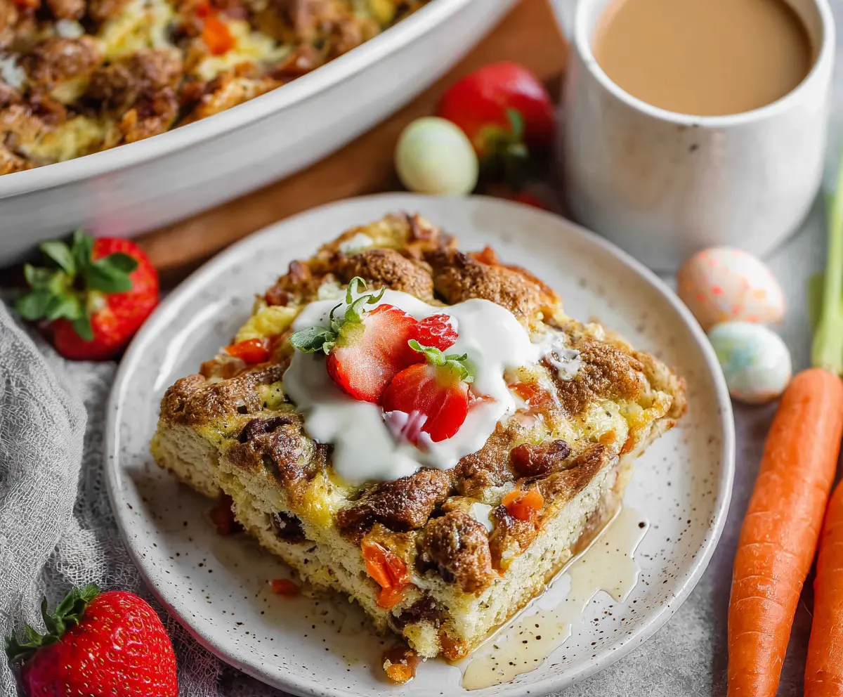 Delicious Easter Breakfast Bake with eggs, cheese, and fresh herbs in a baking dish