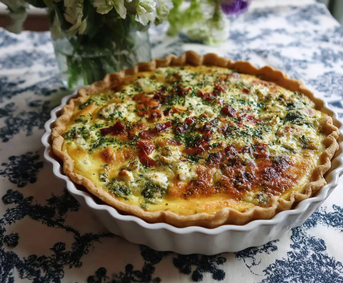 Delicious Easter brunch quiche with fresh vegetables and melted cheese on a festive plate