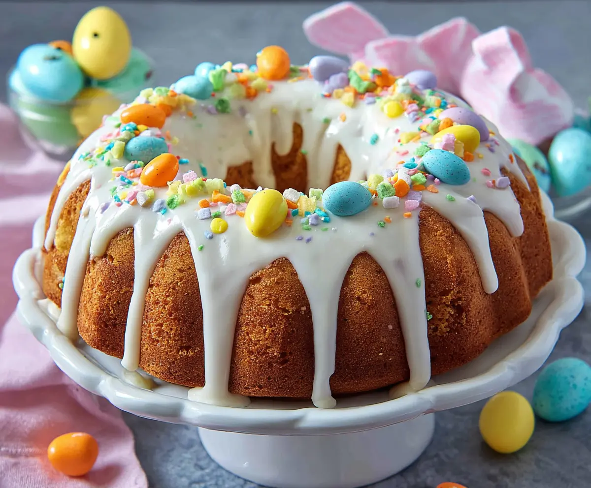 Delicious Easter Bundt Cake decorated with pastel icing and colorful sprinkles, perfect for celebrating spring holidays.