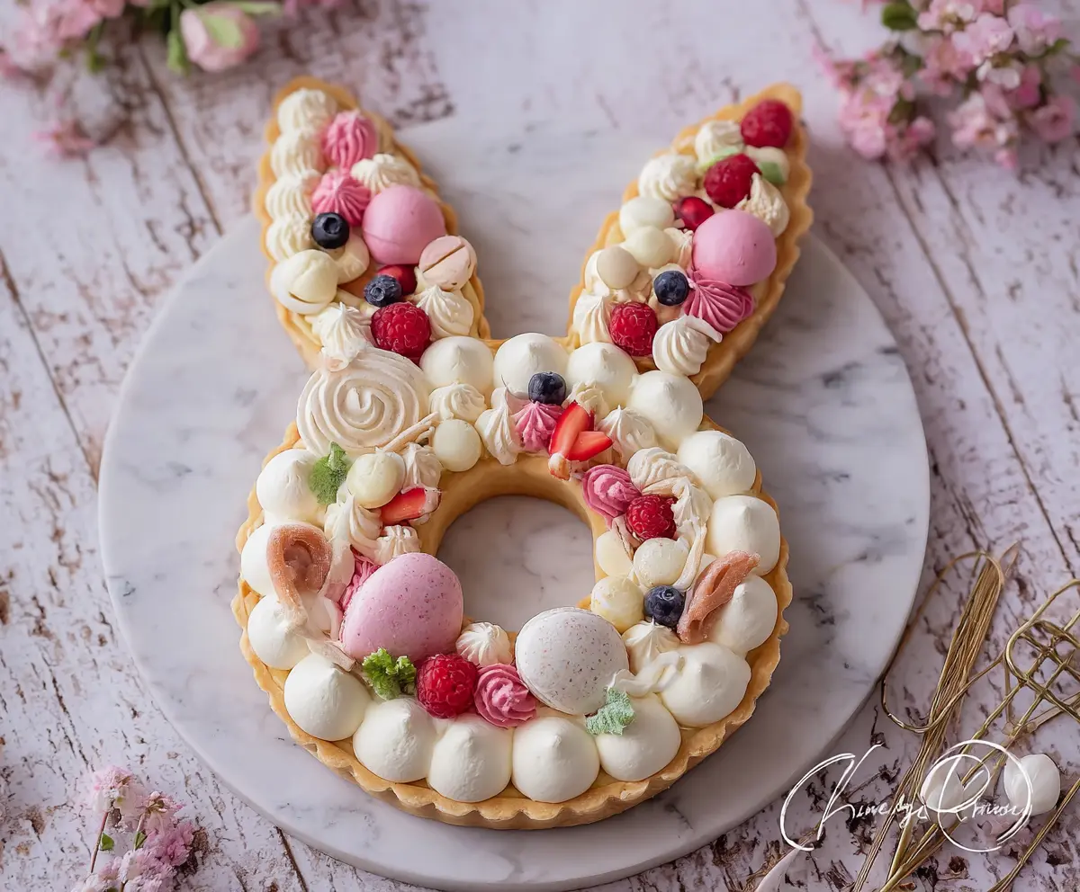 Easter Bunny Cream Tart decorated with colorful candies and frosting for Easter celebration