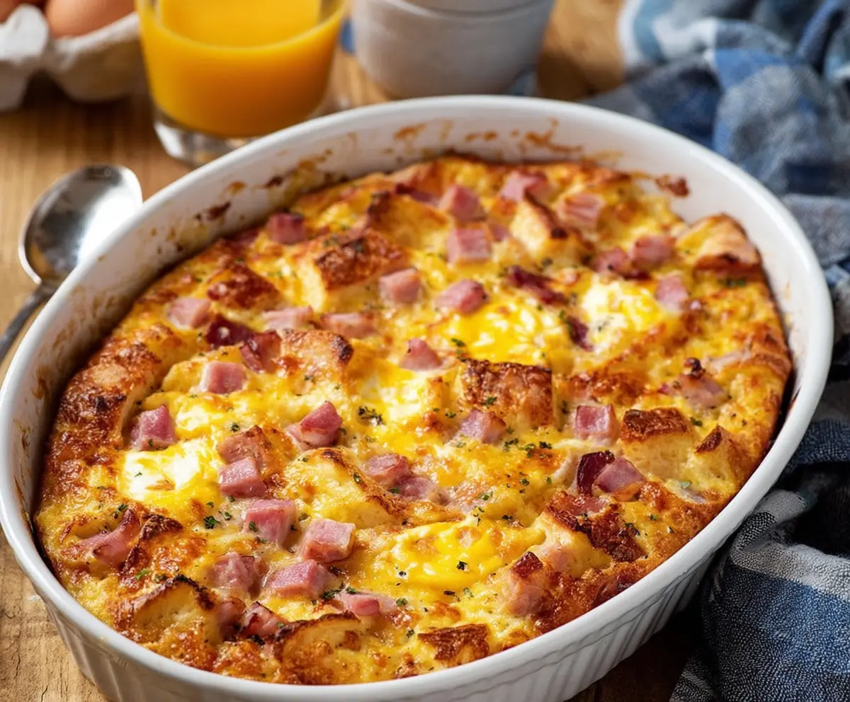 Delicious Easter Cheesy Ham and Egg Casserole with melted cheese and hearty ham pieces.