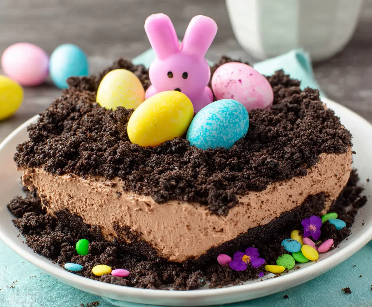 Delicious Easter Dirt Cake with chocolate crumbs, gummy worms, and festive decorations for a festive holiday treat.