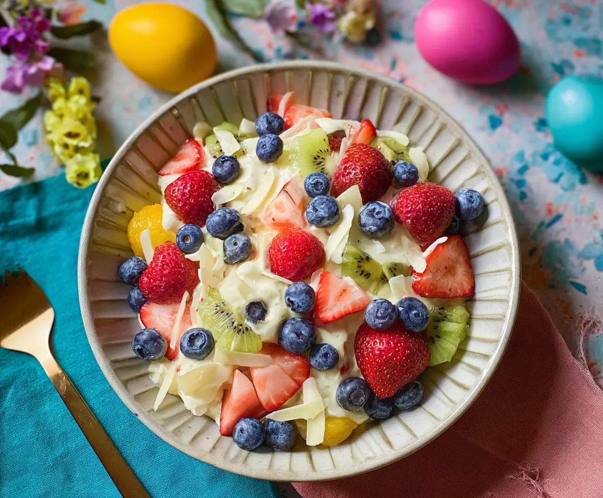 Colorful Easter fruit salad with fresh strawberries, pineapple, and grapes in a decorative bowl.