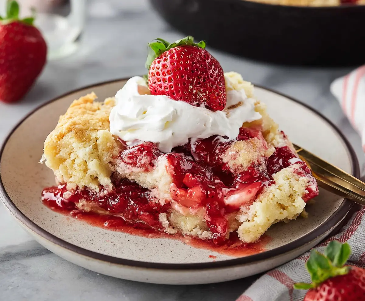 Delicious Easter Strawberry Cheesecake Dump Cake with fresh strawberries and creamy cheesecake topping