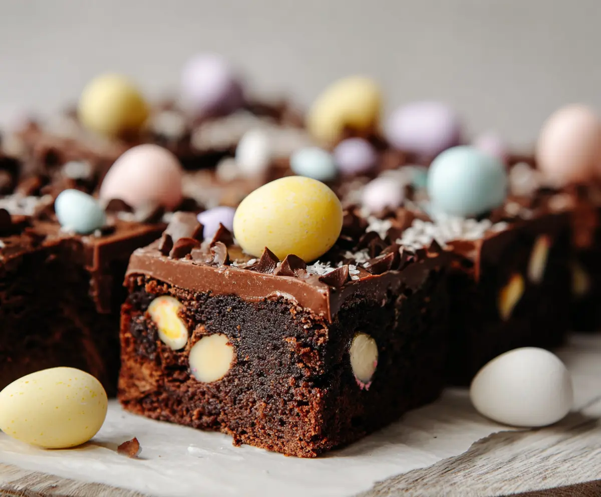 Delicious Frosted Mini Egg Easter Brownies with colorful toppings and a chocolatey appearance