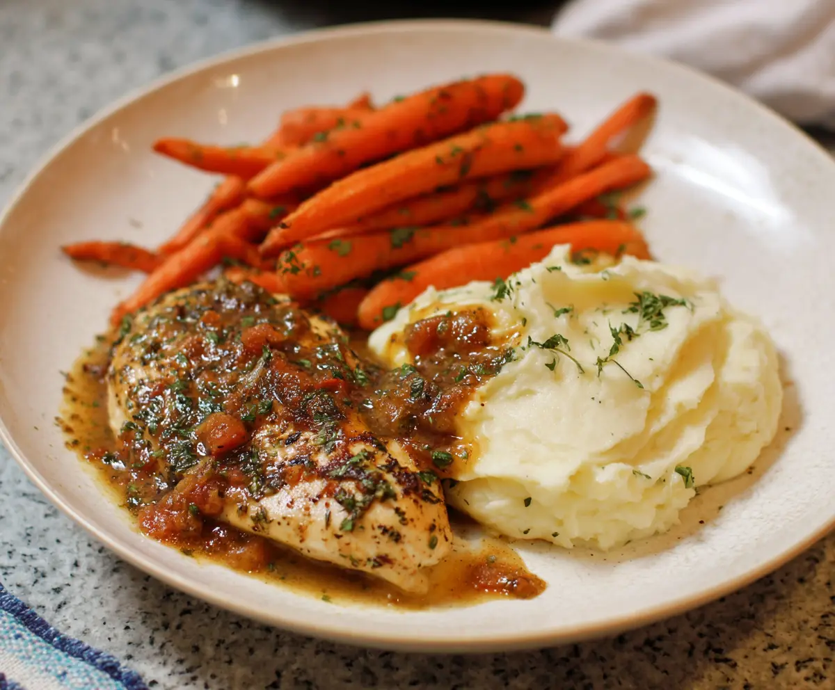 Delicious garlic herb chicken served with creamy mashed potatoes and glazed carrots on a dinner plate.