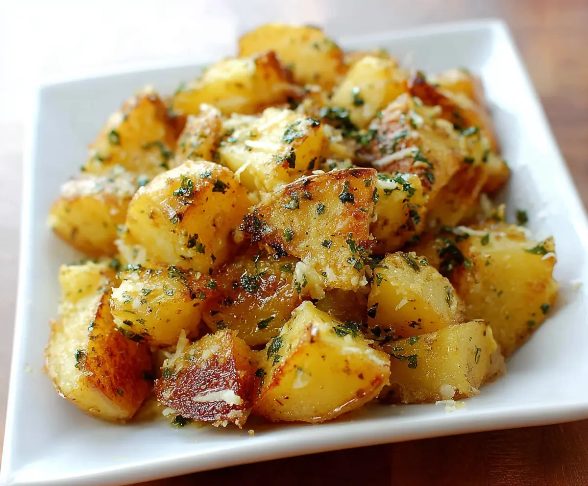 Delicious garlic ranch potatoes served on a platter, garnished with fresh herbs.