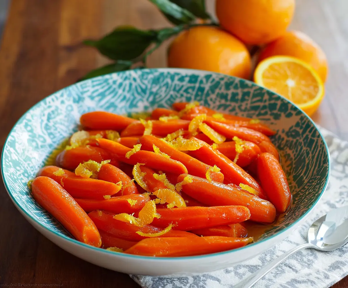Bright glazed carrots with orange zest and ginger garnish on a white plate, perfect for a healthy side dish.
