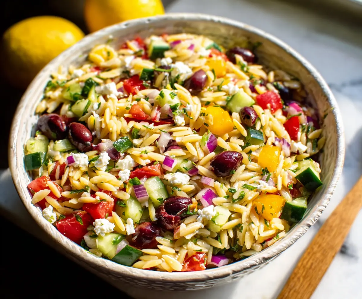 Refreshing Greek Orzo Salad with fresh vegetables and feta cheese on a white plate.
